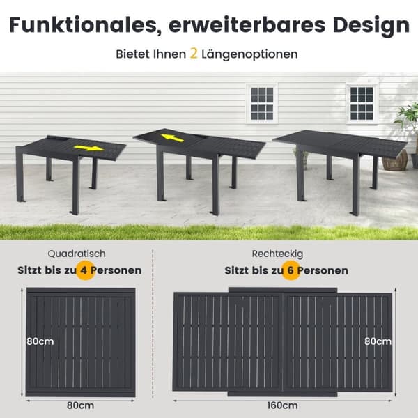 Havebord aluminium udtrækbart 80/160 x 80cm spisebord vejrbestandigt mørkegrå