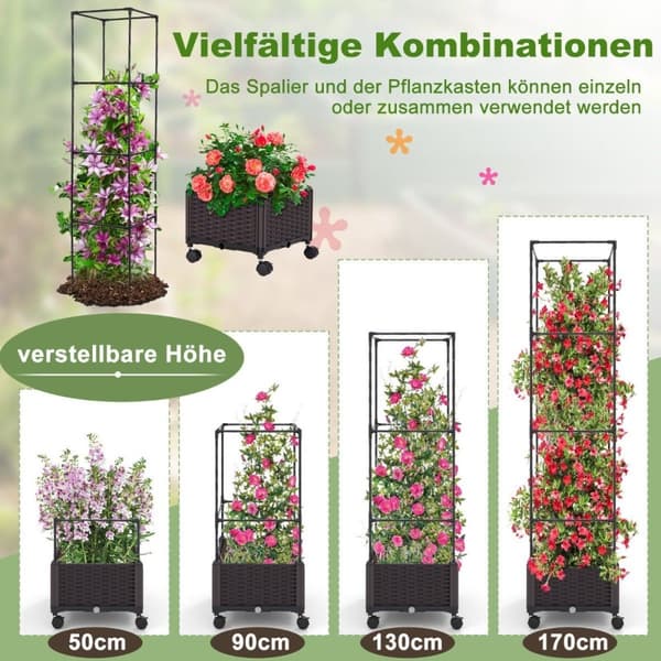 Trellis med blomsterkasse på hjul Høydejusterbar hageobelisk 40 x 40 x 170 cm
