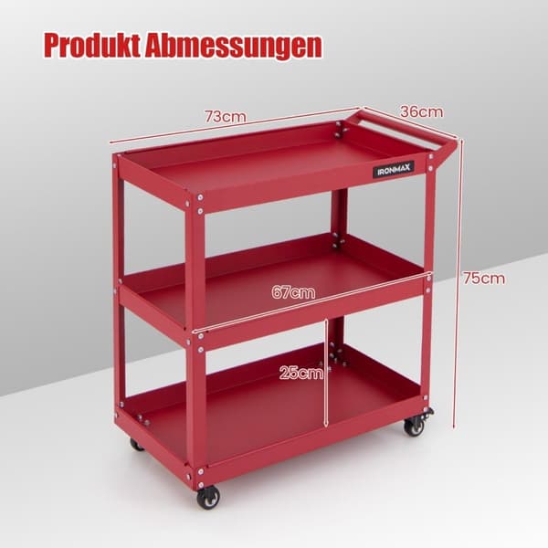 Værkstedsvogn 3 niveauer værkstedsvogn med 4 universalhjul & håndtag 73 x 36 x 75 cm rød