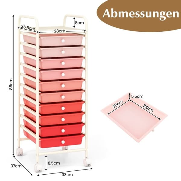 Rullevogn med 10 stablebare skuffer rullecontainer baderomsvogn baderomsvogn rosa
