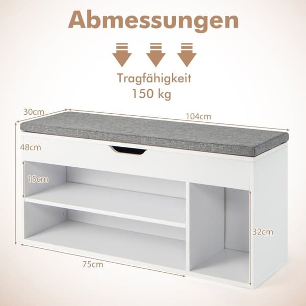 Skobenk med sete og oppbevaringsplass 104 x 30 x 48 cm garderobebenk skostativ tre grå
