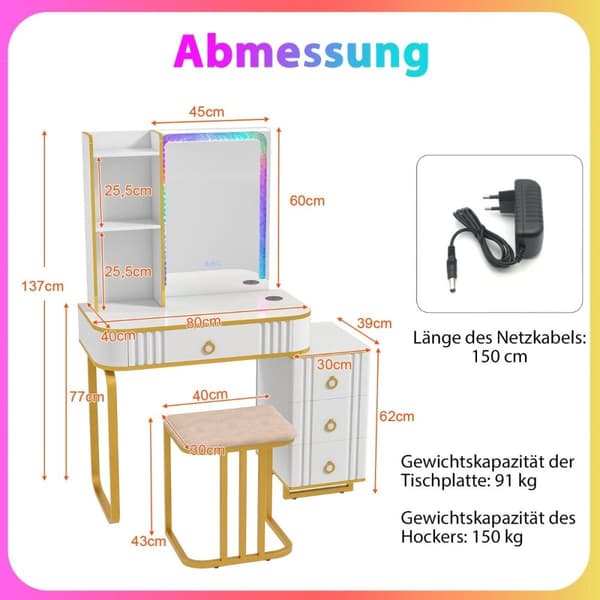 Toiletbord med 7 dynamiske og 7 statiske dæmpbare LED-belysning toiletbord hvid