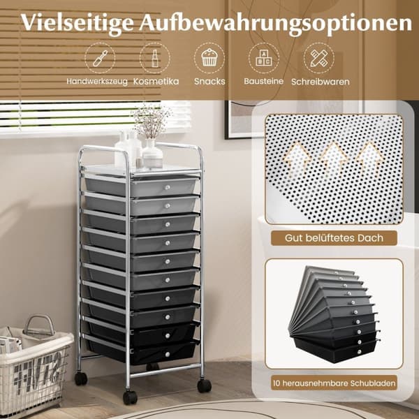Vogn med 10 stablebare skuffer, rullebeholder, baderomsvogn, baderomsvogn, baderomshylle