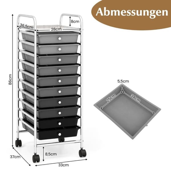 Vogn med 10 stablebare skuffer, rullebeholder, baderomsvogn, baderomsvogn, baderomshylle