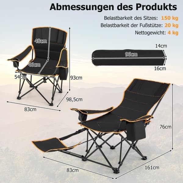 Campingstol med avtagbar fotstøtte & drikkeholder & kjølebag. Sammenleggbar fiskestol