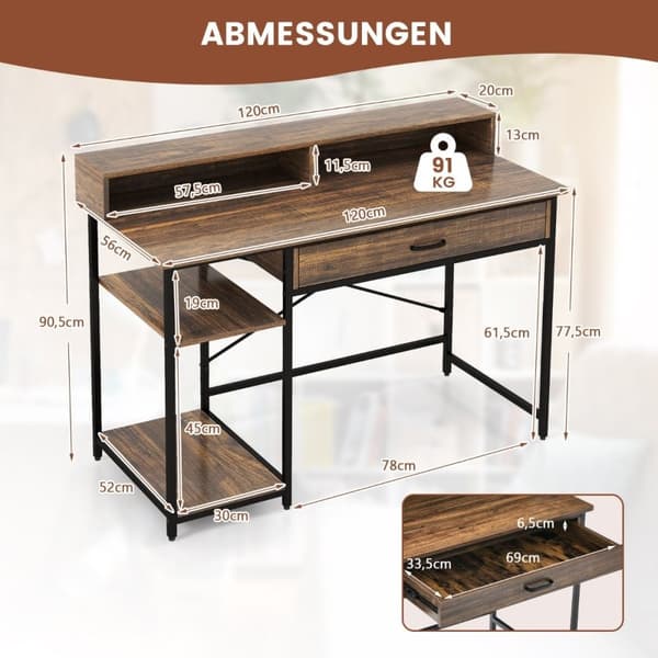 Skrivbord med bildskärmsstativ och 2 öppna hyllor datorbord med metallram 120 x 56 x 90,5 cm