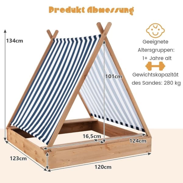 Barnesandkasse med lokk og 2 benker Utendørs tresandkasse 124 x 123 cm