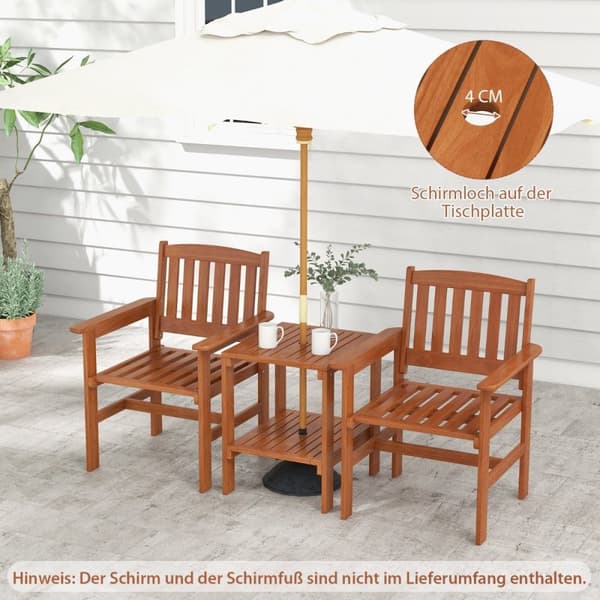 3-delt bistrosett i tre med 2 stoler & bord & hull for parasoll sittegruppe