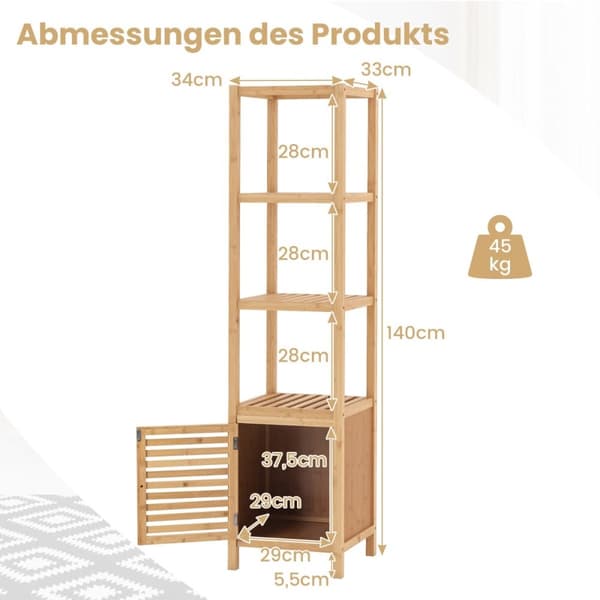Bambus badeværelseshylde med 4 niveauer af hylder og lameldør 34 x 33 x 140 cm natur