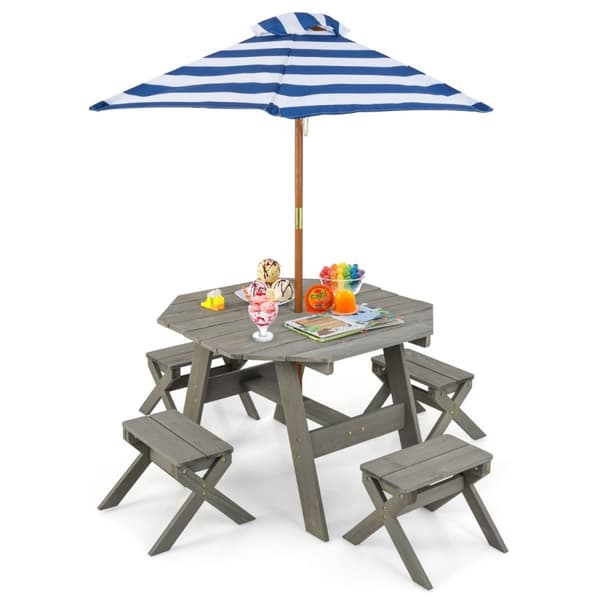 Åttakantig bordstablett av trä med 4 stolar &amp; Höjdjusterbart parasoll picknickbord grått