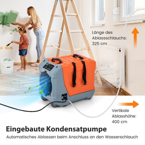 85 L/dag avfuktare byggtork med pump & avloppsslang industriell torkanordning med 24H timer orange + grå