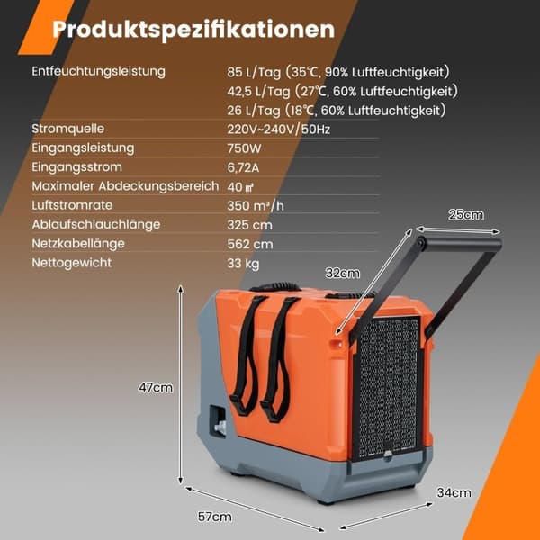 85 L/dag avfuktare byggtork med pump & avloppsslang industriell torkanordning med 24H timer orange + grå