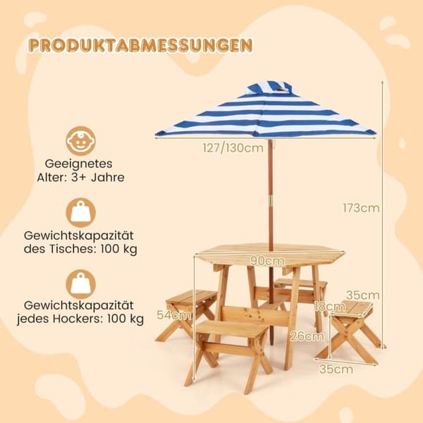 Åttekantet dekkematte i tre med 4 stoler &amp; Høydejusterbart parasoll piknikbord naturlig