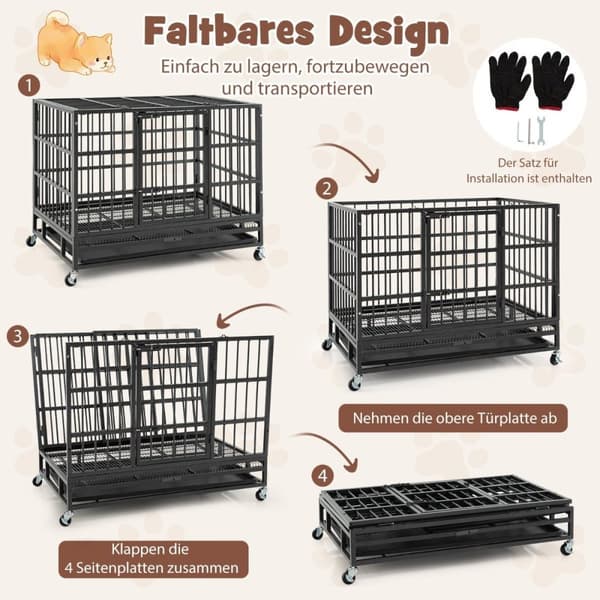 Hopfällbar hundbur med 2 dörrar &amp; Roller &amp; utdragbar bricktransportbur transportlåda 96 x 65 x 77 cm