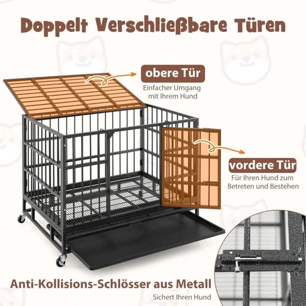 Hopfällbar hundbur med 2 dörrar &amp; Roller &amp; utdragbar bricktransportbur transportlåda 96 x 65 x 77 cm