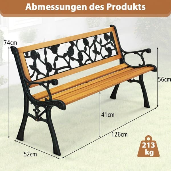 Havebænk med støbt metalstel og træsæde Ergonomisk bænk til 3 personer, 127,5 cm lang