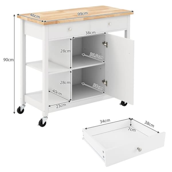 Keittiövaunu pyörillä Keittiösaareke työtasolla Tarjoiluvaunu 2 laatikolla 99 x 46 x 90 cm Valkoinen
