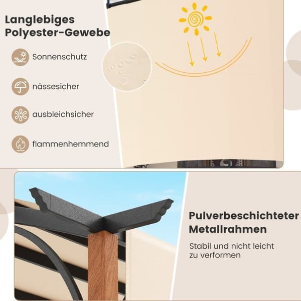3,6 x 3 m pergola med uttrekkbart tak Vanntett stabil vintertett lysthus beige