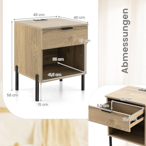 Moderne nattbord med ladestasjon og skuff og oppbevaringsbord for sidebord med åpent rom