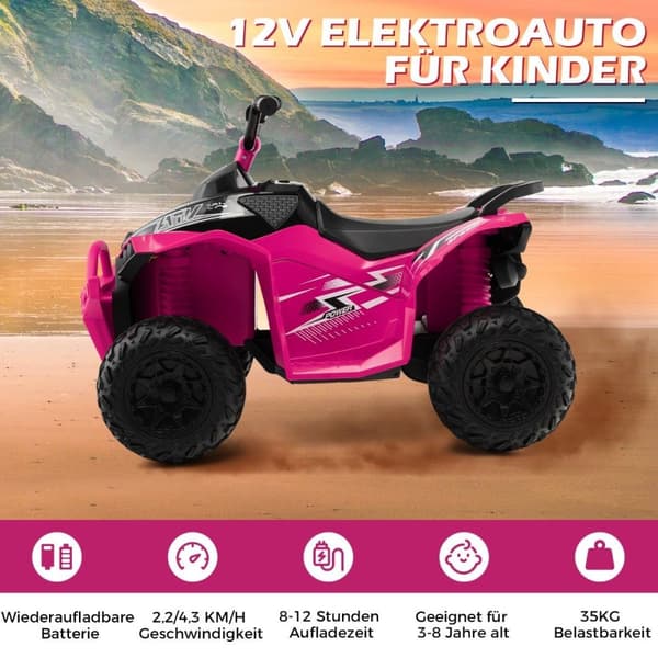 12V elektrisk børnequad med 2,2/4,3 KM/H hastighed &amp; Horn, musik &amp; LED lyser elektrisk quad pink