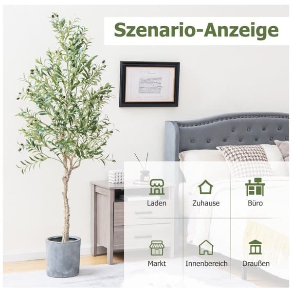 Kunstigt oliventræ med 1296 blade & 72 frugter olivenplanter 182 cm