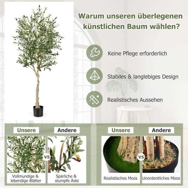 Kunstigt oliventræ med 1296 blade & 72 frugter olivenplanter 182 cm