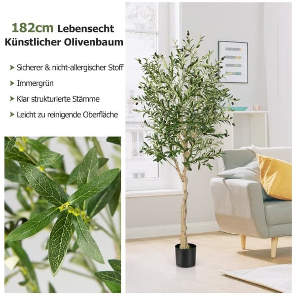 Kunstigt oliventræ med 1296 blade & 72 frugter olivenplanter 182 cm