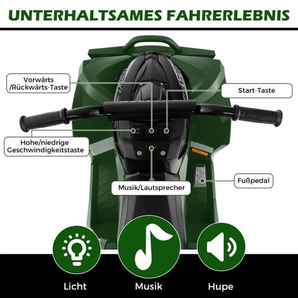 12V elektrisk firehjuling for barn med 2,2/4,3 KM/H hastighet &amp; Horn, musikk &amp; LED lyser elektrisk quad grønt