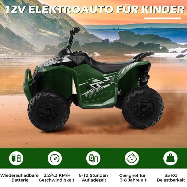 12V elektrisk firehjuling for barn med 2,2/4,3 KM/H hastighet &amp; Horn, musikk &amp; LED lyser elektrisk quad grønt