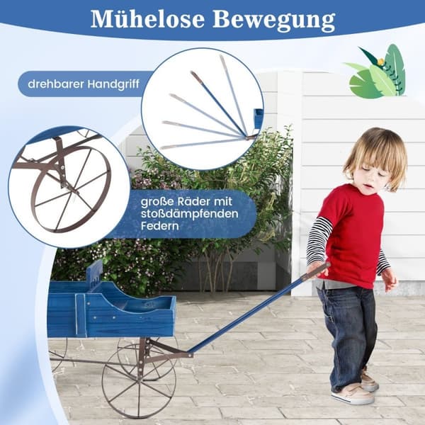 Blomsterstativ trevogn plantevogn blomstervogn med metallhjul 62 x 34 x 60 cm blå