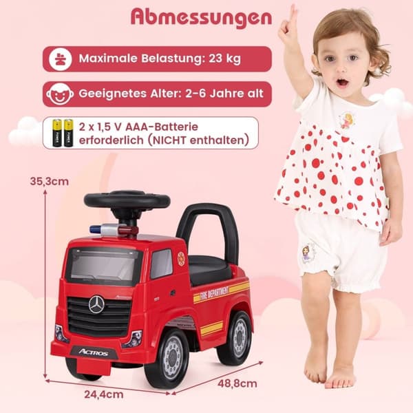 Mercedes Benz kørevogn, skubbevogn med opbevaringsplads, brandbil med rød advarselslampe