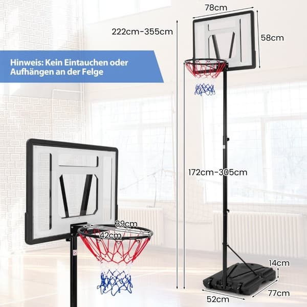 Basketkorg utomhus basketstativ 172-305 cm höjdjusterbart korgsystem med avtagbart mittrör