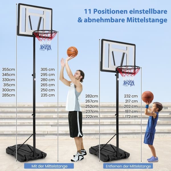 Basketkorg utomhus basketstativ 172-305 cm höjdjusterbart korgsystem med avtagbart mittrör