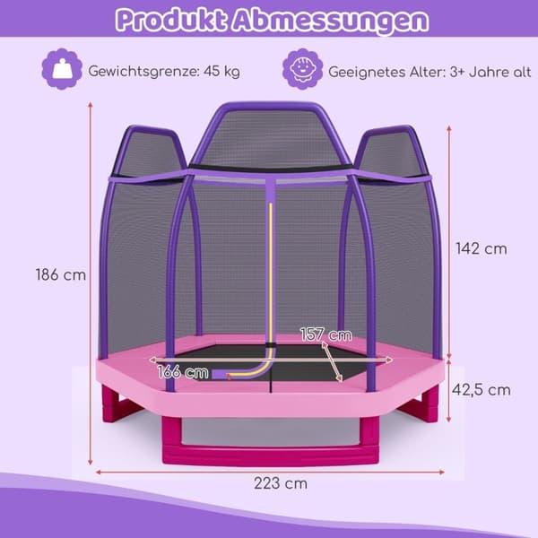 Ø223cm havetrampolin med sikkerhedsnet indendørs/udendørs trampolin til børn pink