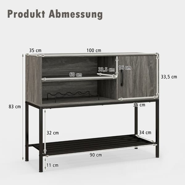 Barskab med vinreoler og hylder Trækonsolbord med metalstel til spisestue 100 x 35 x 83 cm Grå