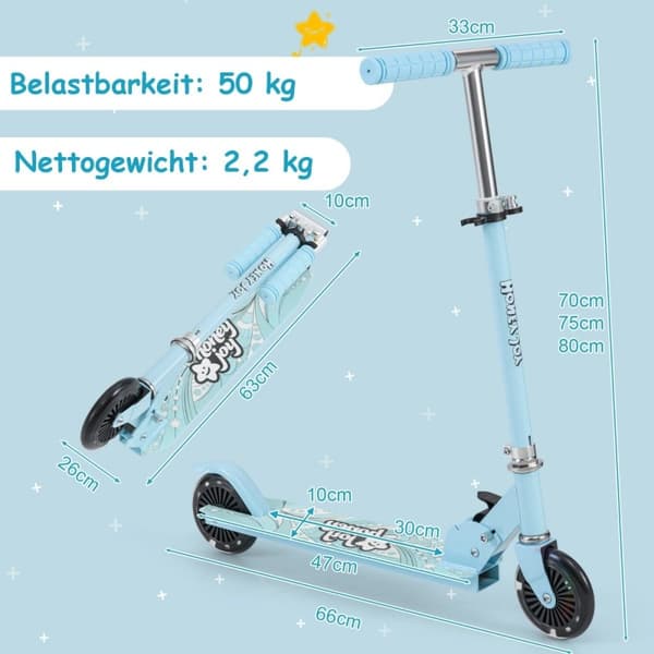 Barnescooter med LED-hjul og sammenleggbart styre, høydejusterbar, barnescooter, lyseblå