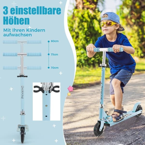 Barnescooter med LED-hjul og sammenleggbart styre, høydejusterbar, barnescooter, lyseblå