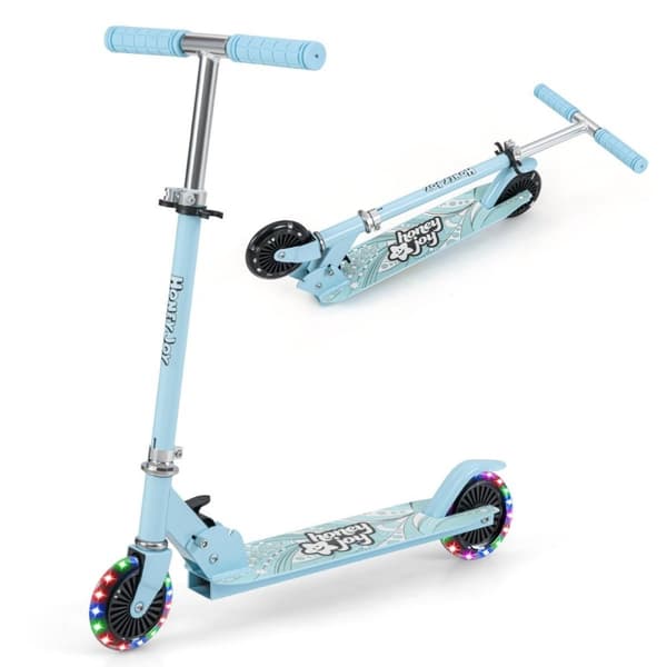 Barnescooter med LED-hjul og sammenleggbart styre, høydejusterbar, barnescooter, lyseblå
