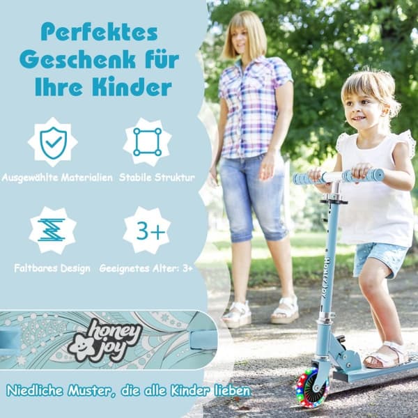 Barnescooter med LED-hjul og sammenleggbart styre, høydejusterbar, barnescooter, lyseblå