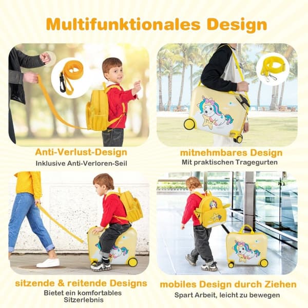 2-osainen lasten matkalaukku + reppu 47 cm pitkä ajettava matkalaukku ja 30 cm leveä reppu keltainen yksisarvinen