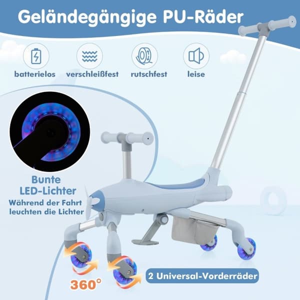 2-i-1 push-bil för barn push-bil i flygplansmotiv med LED-belysta hjul bärbar upp till 50 kg blå