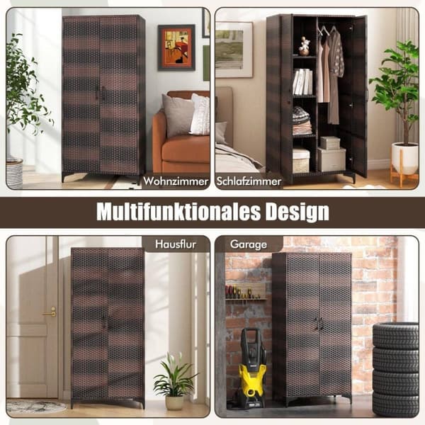 PE rattan garderobe med 2 døre &amp; Tøjstang & amp; 4 rums garderobe brun