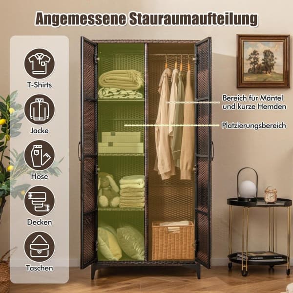 PE rattan garderobe med 2 døre &amp; Tøjstang & amp; 4 rums garderobe brun