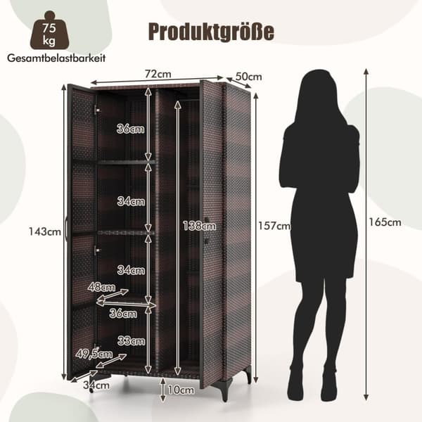 PE rattan garderobe med 2 døre &amp; Tøjstang & amp; 4 rums garderobe brun