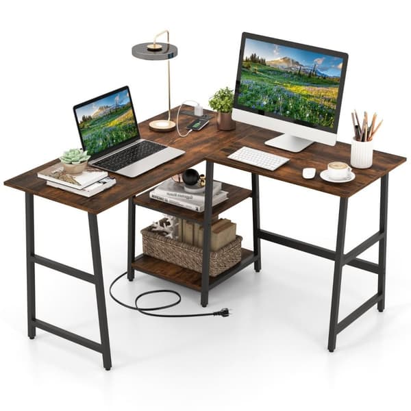 Skrivebord L-Shape hjørne skrivebord med stikkontakter &amp; USB-porte 120 x 120 x 75 cm rustik brun