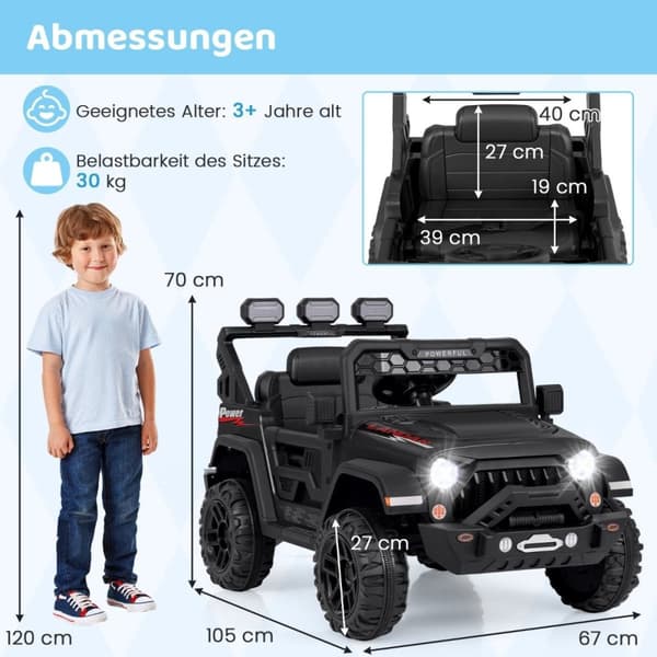 Elbil til børn med 2,4G fjernbetjening &amp; USB &amp; Lys &amp; Musik 12V børnebil jeep bil sort