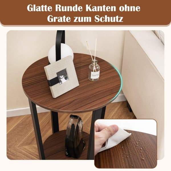 Rundt sidebord med åpen hylle & Metallramme 2-lags Accent Bord Sofa Bord Valnøtt
