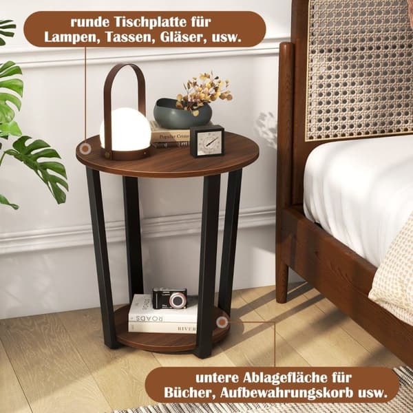 Rundt sidebord med åpen hylle & Metallramme 2-lags Accent Bord Sofa Bord Valnøtt
