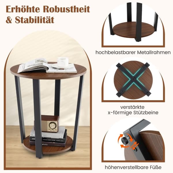 Rundt sidebord med åpen hylle & Metallramme 2-lags Accent Bord Sofa Bord Valnøtt