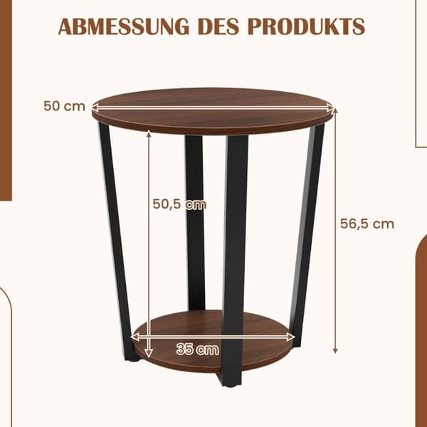 Rundt sidebord med åpen hylle & Metallramme 2-lags Accent Bord Sofa Bord Valnøtt